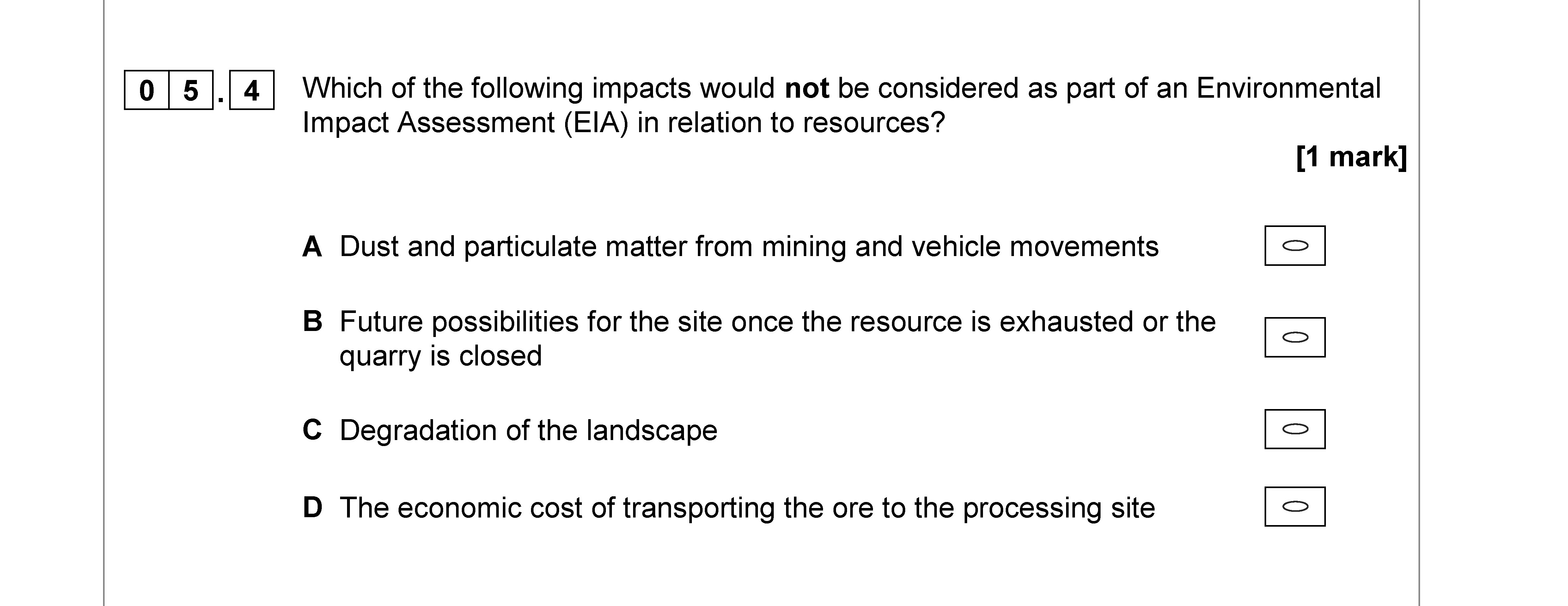 Which-of-the-following-impacts-would-not-be-considered-as-part-of-an-Environmental-Impact-Assessment-(EIA)-in-relation-to-resources?--A-AQA-A-Level Geography-Question 5-2018-Paper 2.png